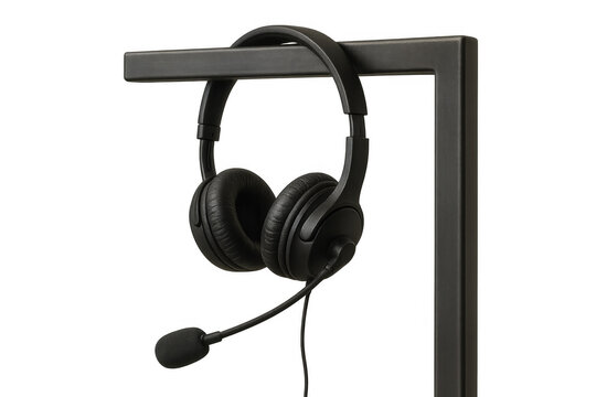 Black headset with microphone hanging on a stand, representing communication, gaming, and remote work on a transparent background
