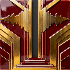Majestic and Art Deco Style Metallic Portal or Archway Design in Deep Red and Polished Gold, Featuring an Integrated Abstract Sound Wave or Equalizer Motif