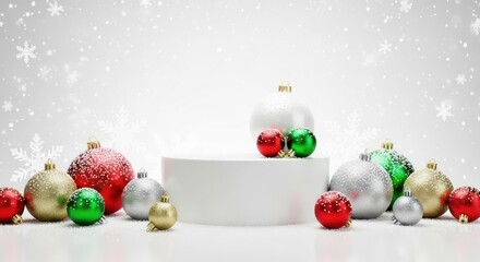 Christmas ornaments surround a white pedestal with falling snow.