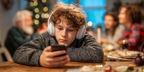 Teen wearing headphones scrolls phone at Christmas dinner table while family chats in bokeh. Detached holiday escape from relatives vibe.