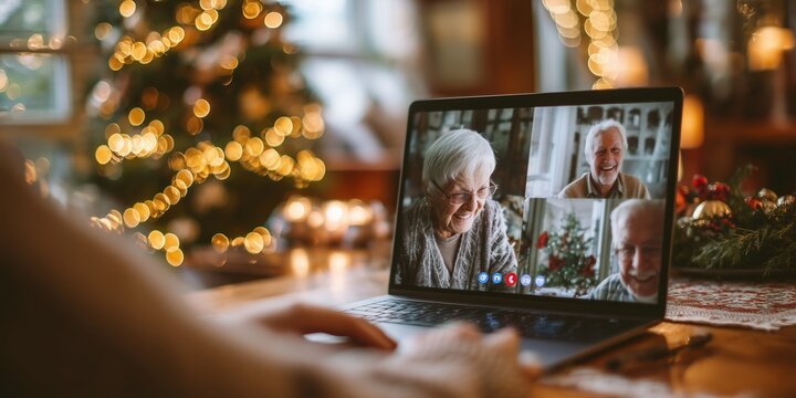 Person video calls smiling elderly relatives on laptop beside twinkling tree candles. Heartwarming virtual Christmas connection, distant family holiday vibe.