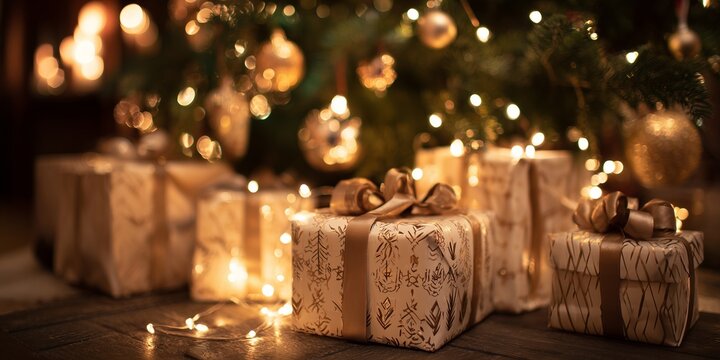 Wrapped gifts under a decorated Christmas tree, glowing with warm lights. Concept: holiday preparation, consumerism, festivity, abundance, symbolic giving. - Powered by Adobe