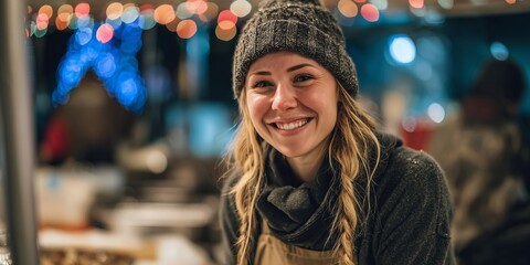 Smiling volunteer in beanie and scarf serving hot food for homeless from pots at night market with warm bokeh lights. Kind holiday volunteering, generous Christmas spirit vibe helping needy.