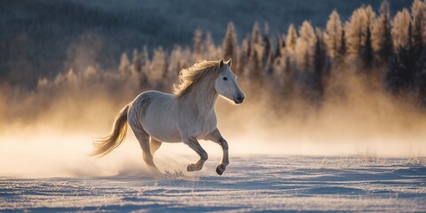 White horse galloping through snowy field at golden winter sunrise with flowing mane and misty frost. Majestic freedom run, inspiring cold season dawn vibe full of power and serenity.