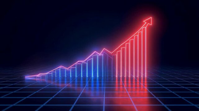 Glowing Neon Rising Bar Chart with Red Arrow Top on Blue Digital Grid Background in Dark Space