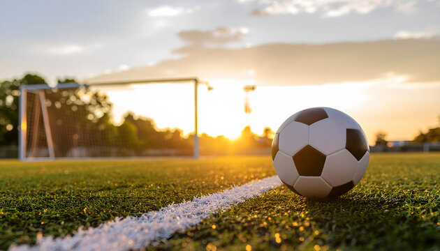 Soccer ball on grass field at sunset close up with goal in background sports equipment for outdoors exercise recreation healthy lifestyle game and competition - Powered by Adobe