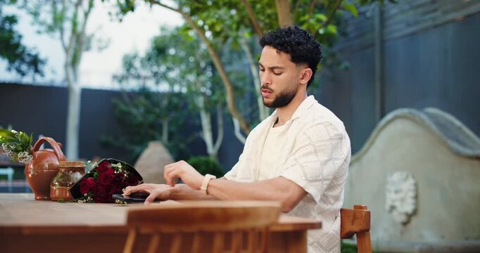 Phone, watch and frustrated with man in restaurant for online dating crisis, time management and waiting. Lunch reservation, cancel appointment and nervous with person at table for fail and annoyed