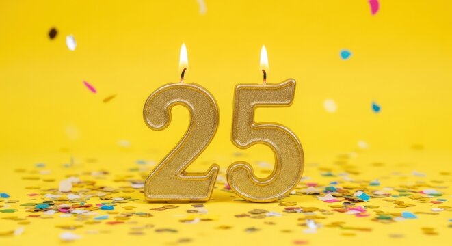Gold number 25 candles with confetti on yellow background