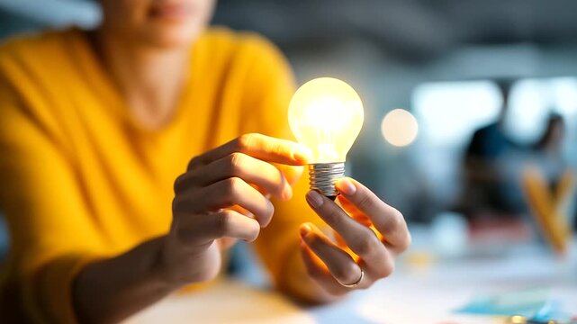 Hands testing mobile app prototype with lightbulb usability insight appearing creative product development digital marketing tool user testing workspace defocused face not sho