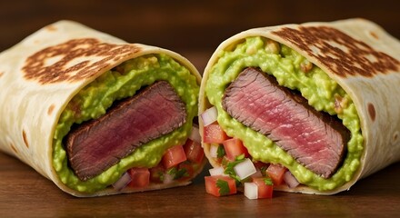 A close-up of a halved burrito on a dark wooden surface, filled with seared steak, fresh tomatoes, onions, cilantro and green guacamole. Warm lighting and sharp detail create an appetizing look.