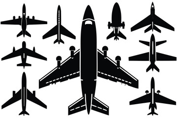 Airplane top view set silhouette isolated on white background VECTOR 