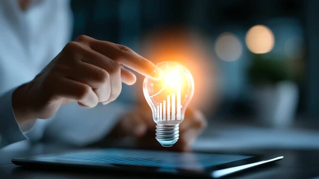Hands touching glowing lightbulb hologram with growth chart bars inside bulb design tablet device visible on desk digital innovation concept creative marketing idea business