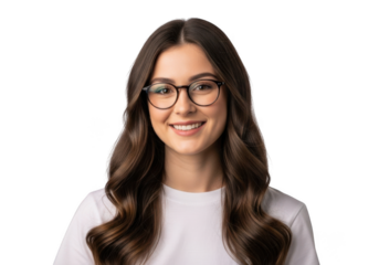 A young woman with long wavy brown hair wearing glasses and a white shirt smiles warmly isolated on transparent background