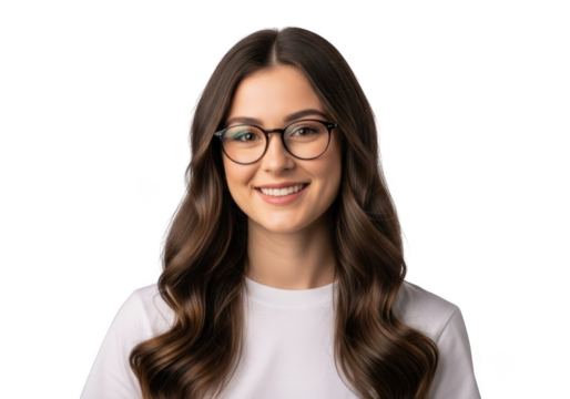 A young woman with long wavy brown hair wearing glasses and a white shirt smiles warmly isolated on transparent background