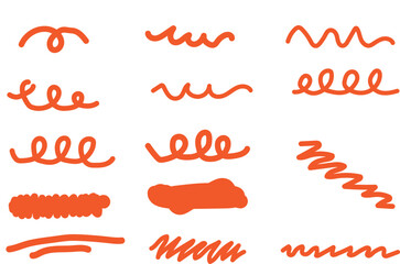 Hand-drawn orange lines, squiggles, spirals, and scribbles vector illustration set