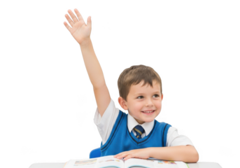 Young boy in school uniform raising his hand eagerly to answer a question while sitting at a desk with an open book isolated on transparent background