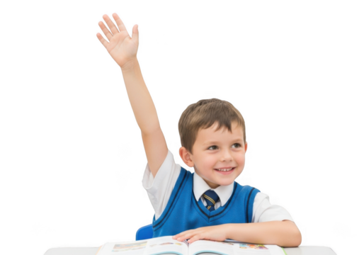 Young boy in school uniform raising his hand eagerly to answer a question while sitting at a desk with an open book isolated on transparent background