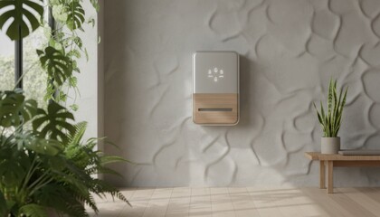 A sleek wall device in a calm room presents the idea of modern sustainable living. It highlights smart home design merging technology with nature