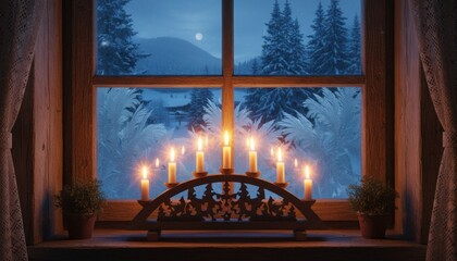 A traditional Schwibbogen candle arch glows on a wooden windowsill overlooking a snowy night landscape, representing Saxon Christmas customs. Its warm light contrasts the cold winter outside