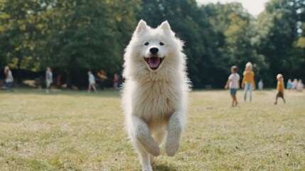 Fluffy White Dog Joyfully Running In A Sunny Park. Happy Pet Enjoying Outdoor Playtime