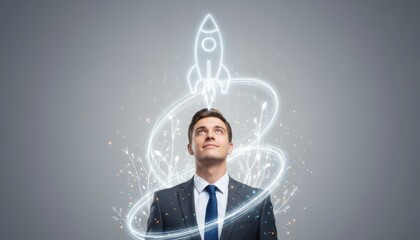 A man looking up at a neon rocket drawing highlights startup momentum. The concept reflects innovation, ambition and the drive to launch new ventures