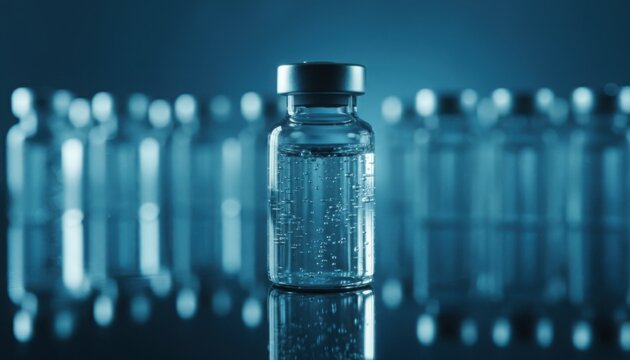 A glass vial filled with clear liquid stands illuminated in cool blue light while identical vials fade into the background. The sterile scientific arrangement conveys precision and laboratory focus