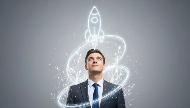 A man looking up at a neon rocket drawing highlights startup momentum. The concept reflects innovation, ambition and the drive to launch new ventures