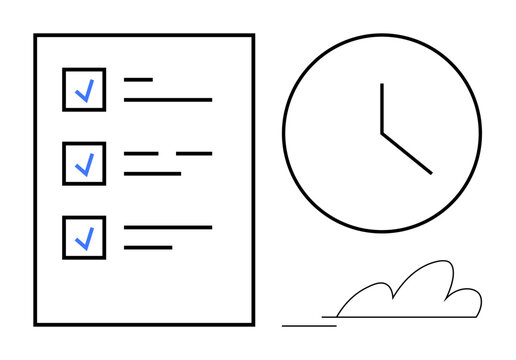 Checklist with marked tasks, a clock representing time, and a minimal cloud element. Ideal for productivity, task planning, goal setting, time tracking, deadlines, project management simple flat