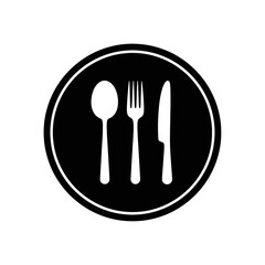 A black and white circular icon featuring a spoon, fork, and knife, symbolizing dining or food.