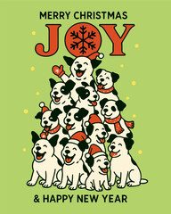 Merry Christmas cartoon greeting card design illustration with a funny happy Santa Claus, snowman, deer, and gift decoration vector