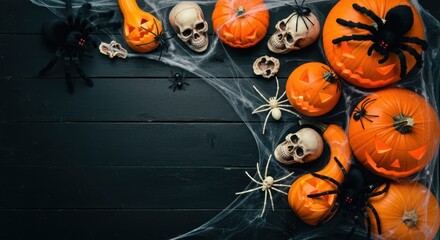 Halloween decorations including carved pumpkins skulls and spiders on wood