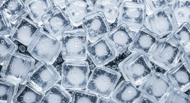 Close up of many clear melting ice cubes with trapped air bubbles.
