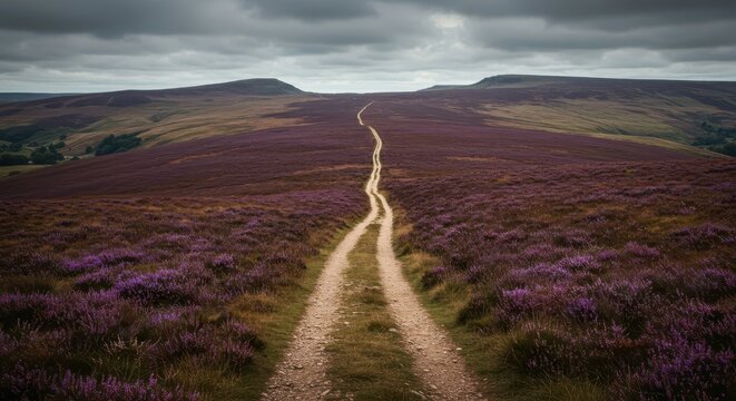 A winding, narrow dirt track disappearing over rolling moorland hills covered in purple and brown heather under a vast sky ,destination ,hills ,wilderness