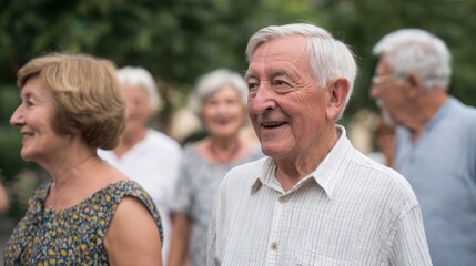Group Of Elderly People Smiling Outdoors. Seniors Enjoying Social Gathering In A Park Setting