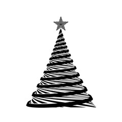 Stylized black and white Christmas tree with a star on top, created with swirling lines.