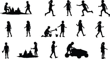 Collection of playful children silhouette illustrations running, walking and building sandcastles, outdoor activity vector set for creative design projects