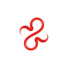 A modern, abstract red ribbon forms a continuous, looping, symmetrical shape resembling a heart or infinity symbol.