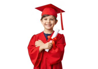 Joyful young student in a red graduation gown and cap holding a diploma isolated on transparent background