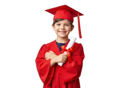 Joyful young student in a red graduation gown and cap holding a diploma isolated on transparent background
