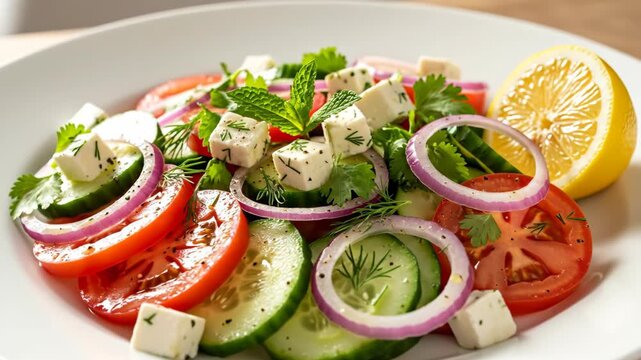 Fresh greek salad preparation with vibrant vegetables and zesty lemon garnish