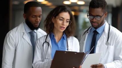 Multiethnic specialist doctors discuss medical case during collaborative meeting at a modern healthcare facility in the afternoon - Powered by Adobe