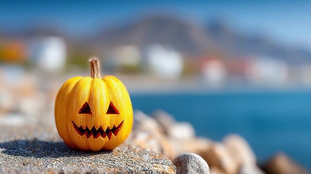 Halloween Pumpkin by the Sea: A carved pumpkin with a friendly face sits atop a rugged stone surface against a backdrop of the sea and distant coastal mountains.