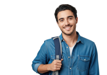 Smiling young man with dark hair wearing a denim shirt holding a backpack strap isolated on transparent background