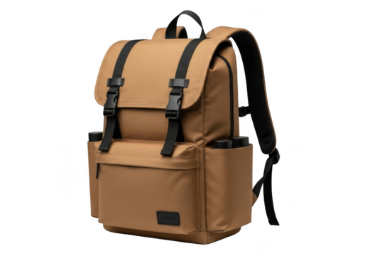 Stylish tan canvas backpack with black accents and buckle closures isolated on transparent background