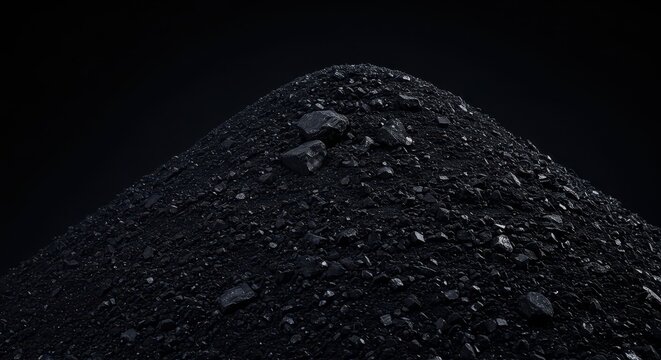 Industrial stock of rough, freshly mined black coal piled high against a dark background, representing fuel for energy production, pile, bituminous, industrial