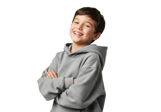 A happy young boy with dark hair wearing a grey hooded sweatshirt smiles with his arms crossed isolated on transparent background