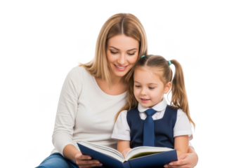 A mother and her young daughter sharing a book together with smiles and focused attention isolated on transparent background