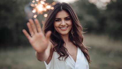 Woman Celebrating With Sparkler in Outdoor Setting During Sunset in Summer