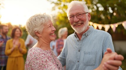 Elderly Couple Dancing Joyfully At Outdoor Celebration. Celebrating Love And Happiness In Golden Years