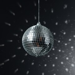 Obraz premium Reflective silver disco ball decoration suspended in mid-air, catching ambient light for a festive, celebratory mood ,round, event, mirror